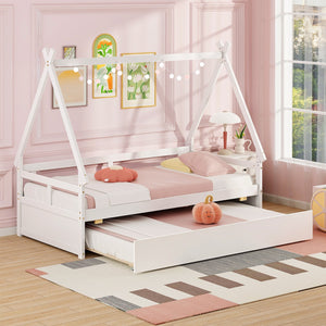 Twin Size House Bed with Trundle and Safety Guardrail-White view 2
