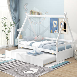 Twin Size House Bed with Trundle and Safety Guardrail-White view 3