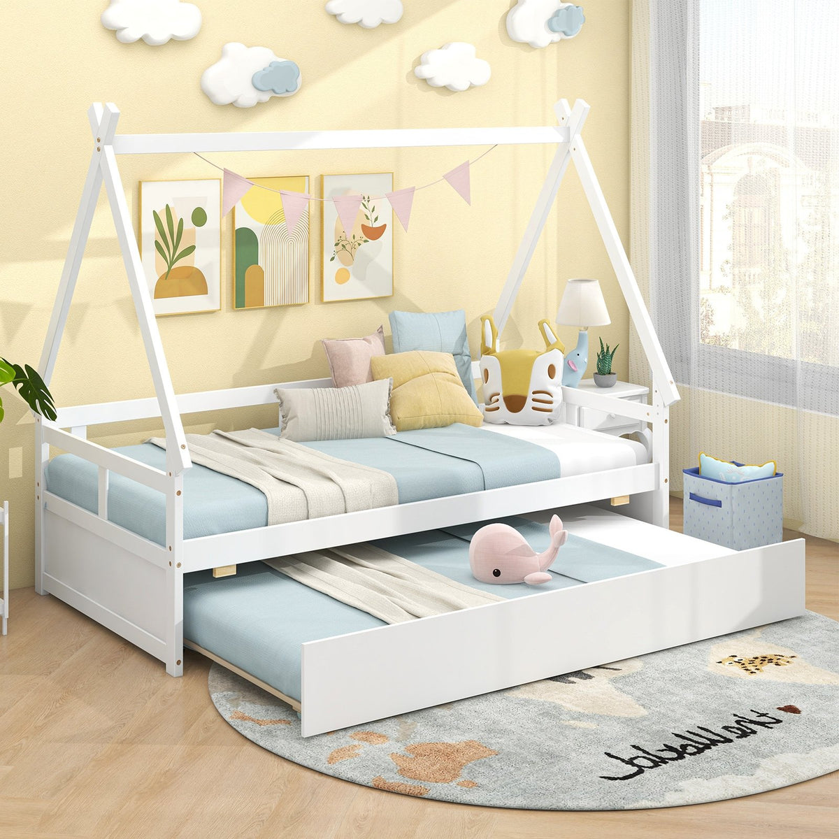 Twin Size House Bed with Trundle and Safety Guardrail-White view 5