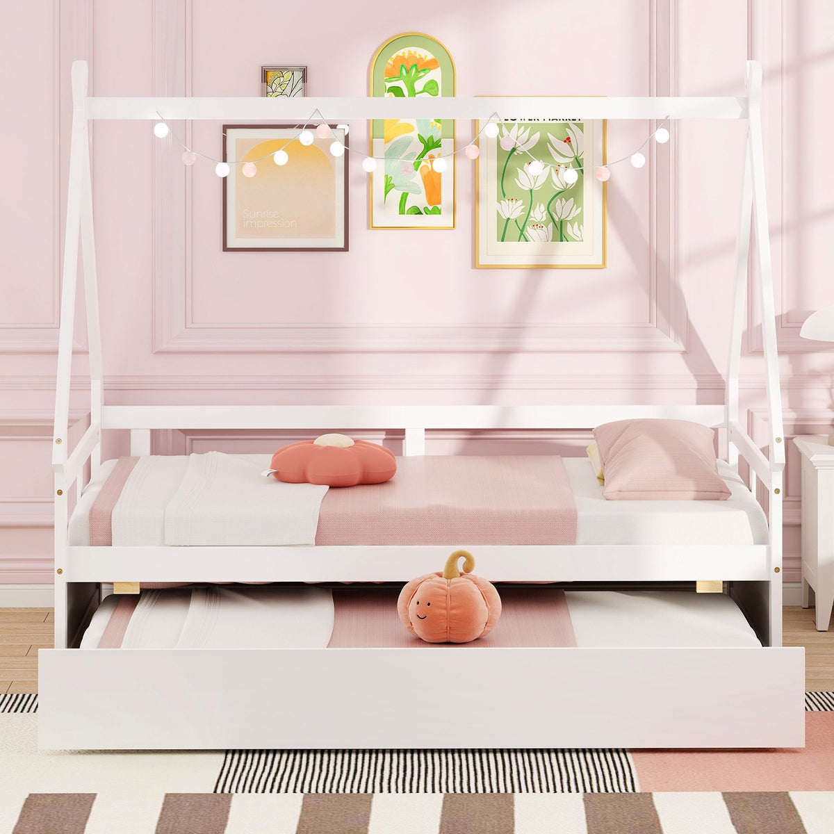 Twin Size House Bed with Trundle and Safety Guardrail-White view 6