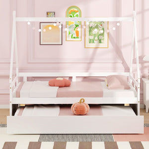 Twin Size House Bed with Trundle and Safety Guardrail-White view 6