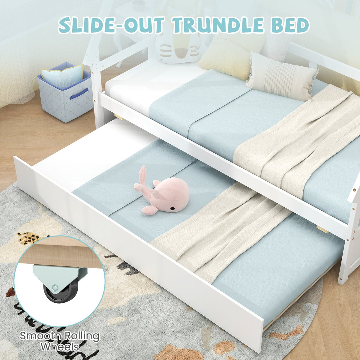 Twin Size House Bed with Trundle and Safety Guardrail-White view 7