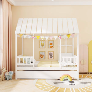Twin Size House Bed with Trundle Kids Platform Bed with Roof Window-White view 2