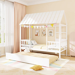 Twin Size House Bed with Trundle Kids Platform Bed with Roof Window-White view 3