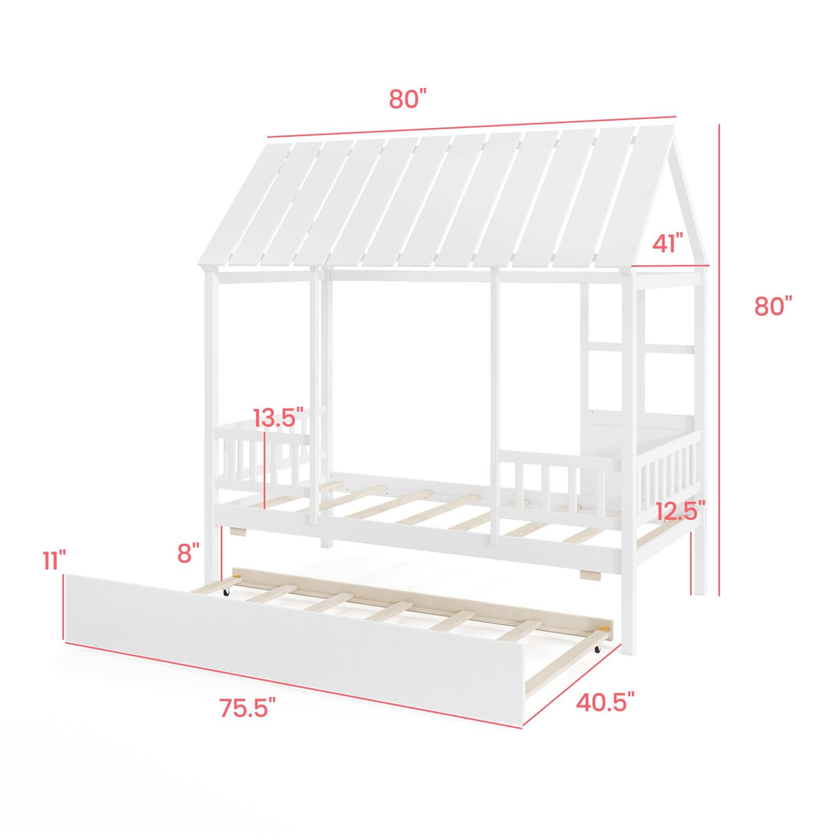 Twin Size House Bed with Trundle Kids Platform Bed with Roof Window-White view 4