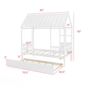 Twin Size House Bed with Trundle Kids Platform Bed with Roof Window-White view 4