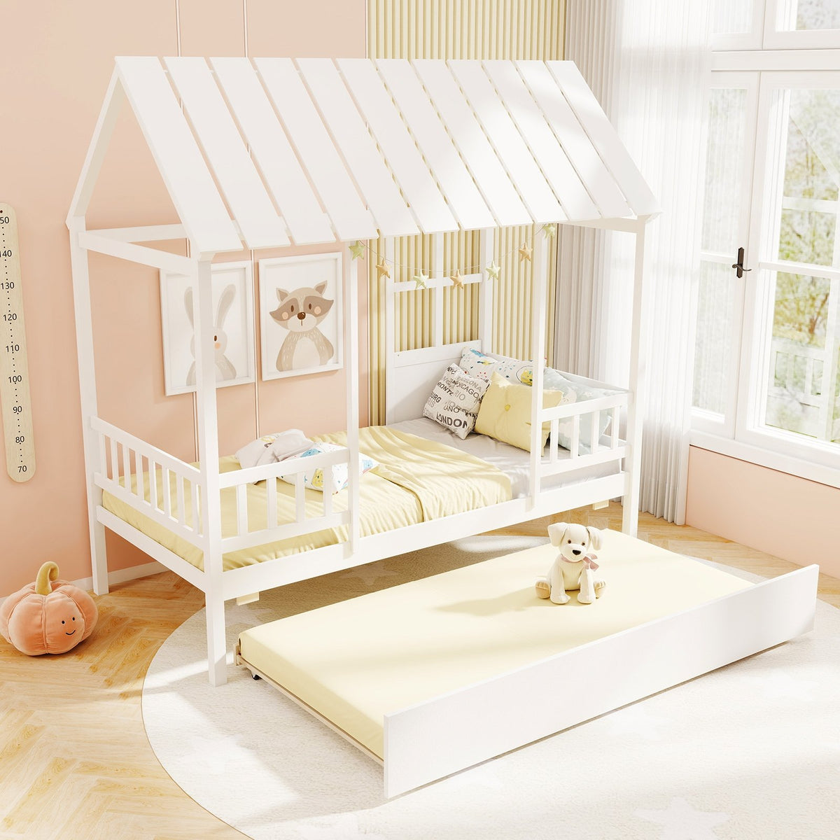 Twin Size House Bed with Trundle Kids Platform Bed with Roof Window-White view 5