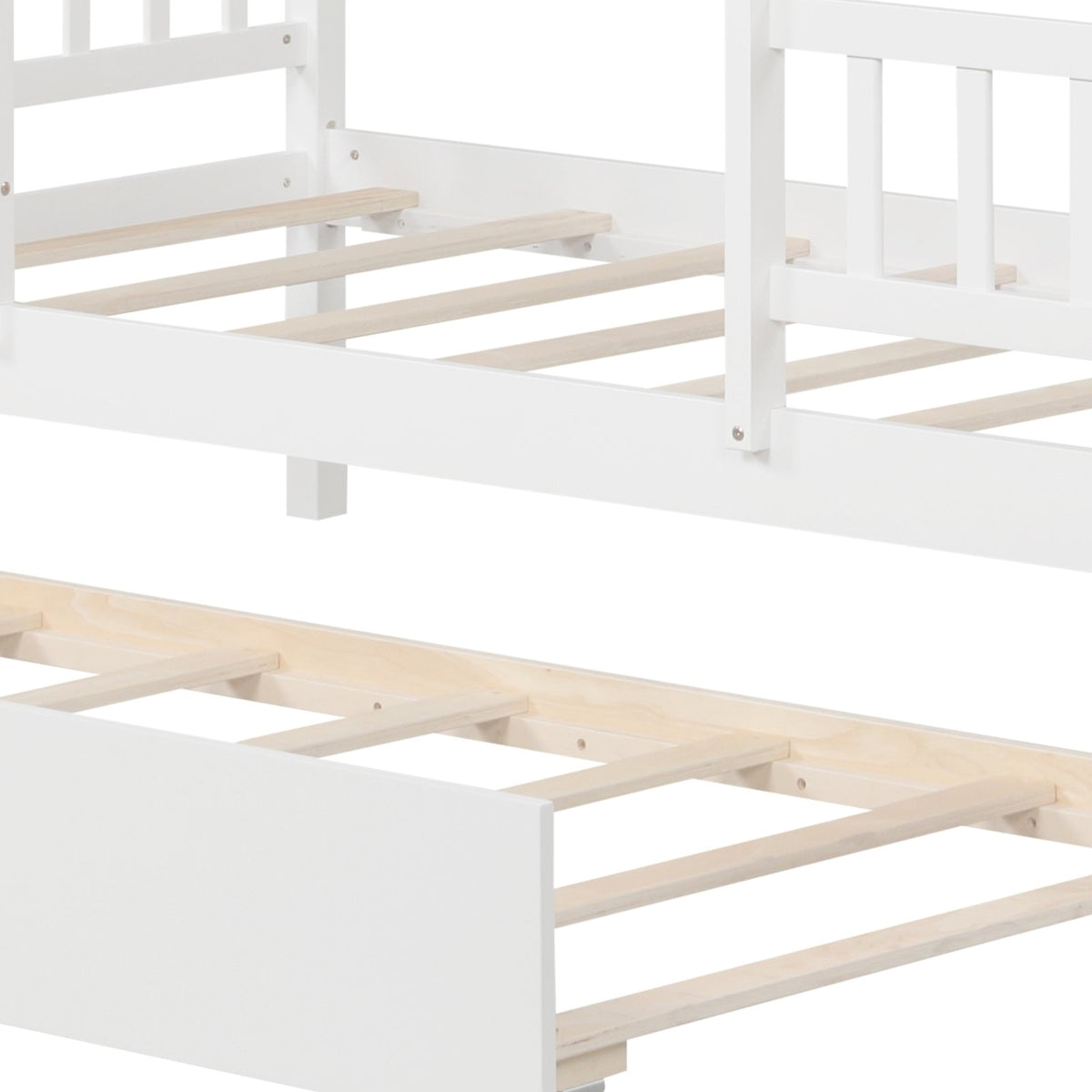 Twin Size House Bed with Trundle Kids Platform Bed with Roof Window-White view 6