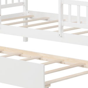Twin Size House Bed with Trundle Kids Platform Bed with Roof Window-White view 6