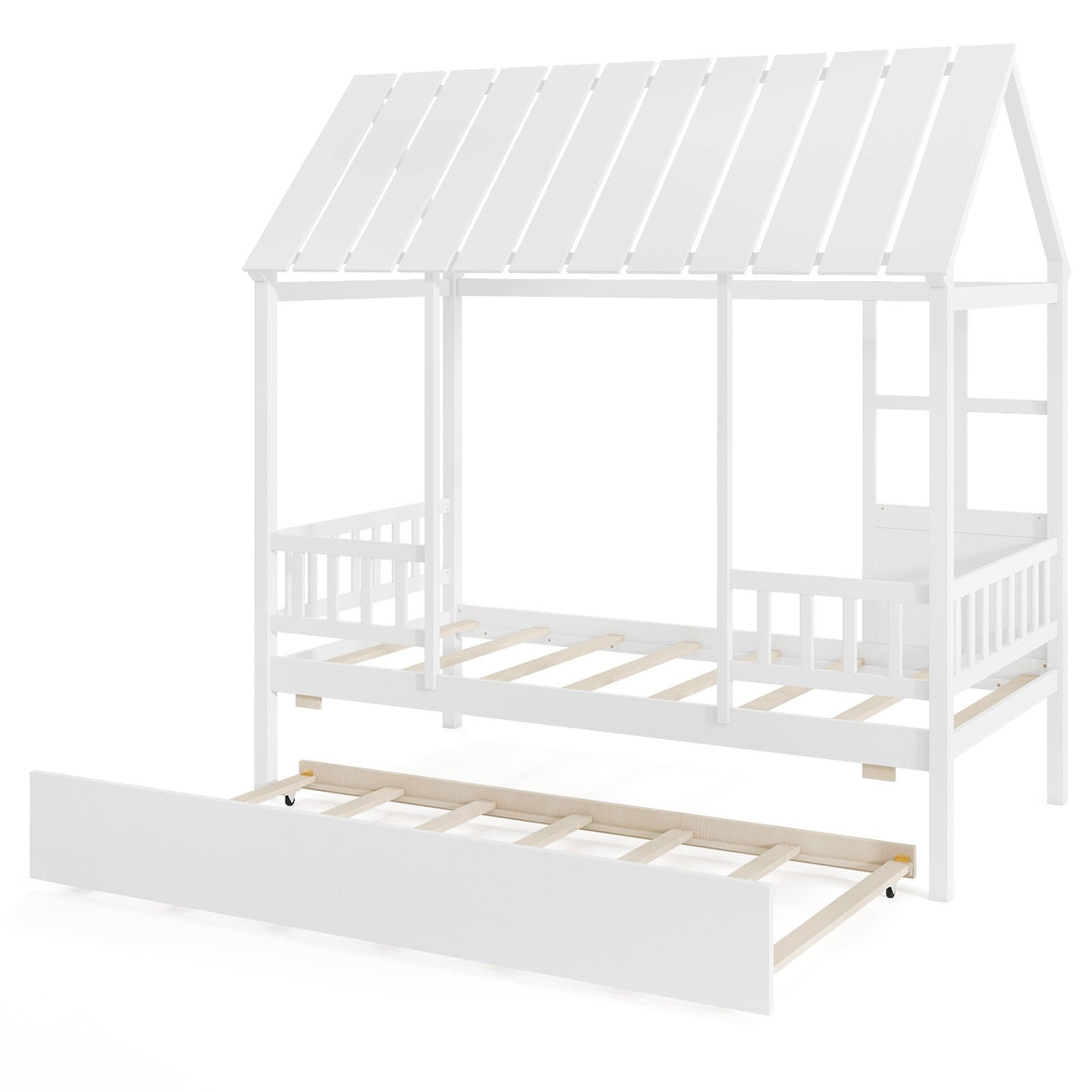 Twin Size House Bed with Trundle Kids Platform Bed with Roof Window-White view 8