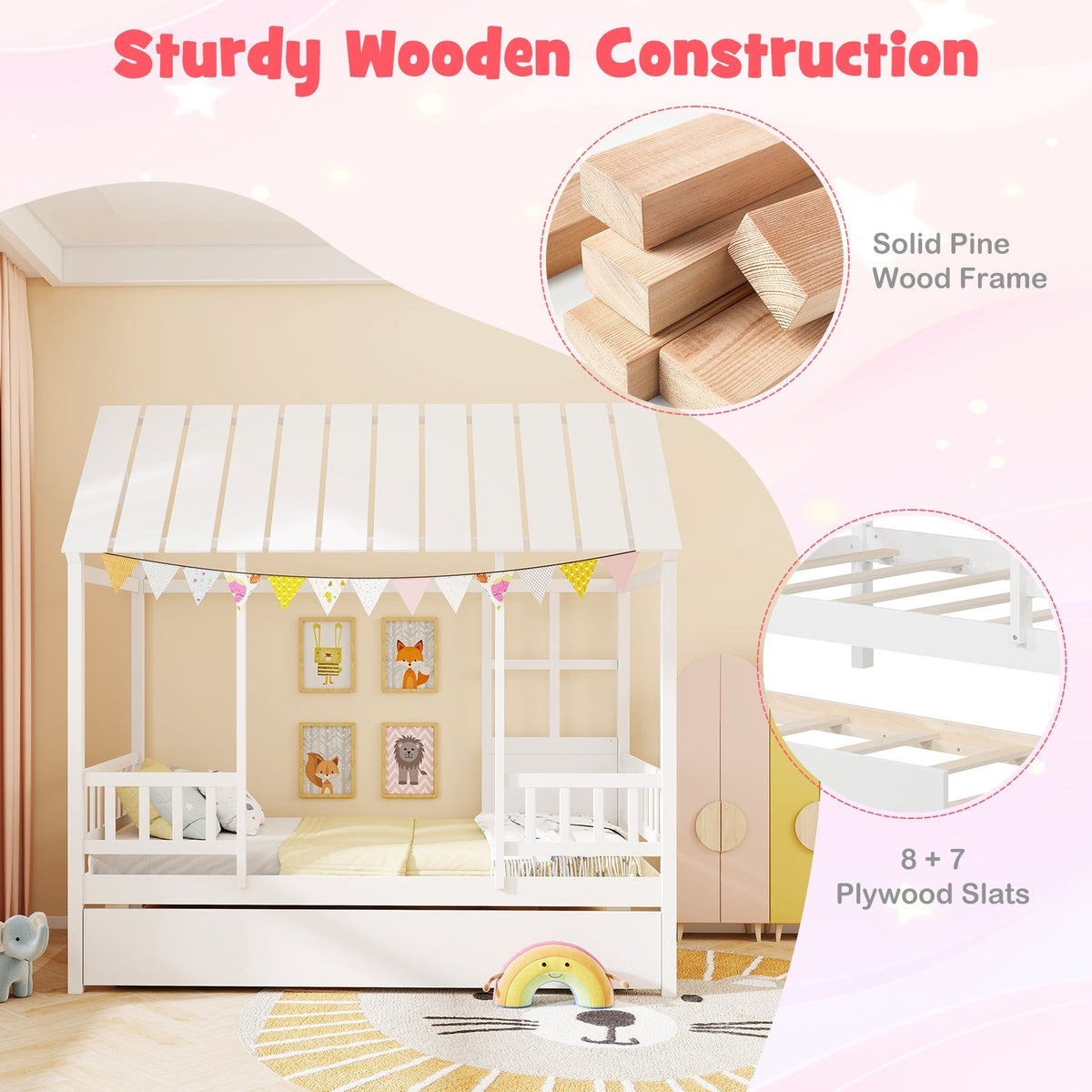 Twin Size House Bed with Trundle Kids Platform Bed with Roof Window-White view 9