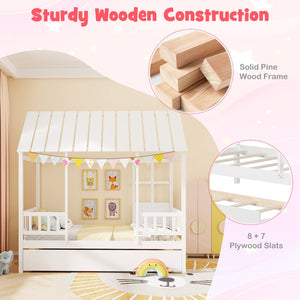 Twin Size House Bed with Trundle Kids Platform Bed with Roof Window-White view 9