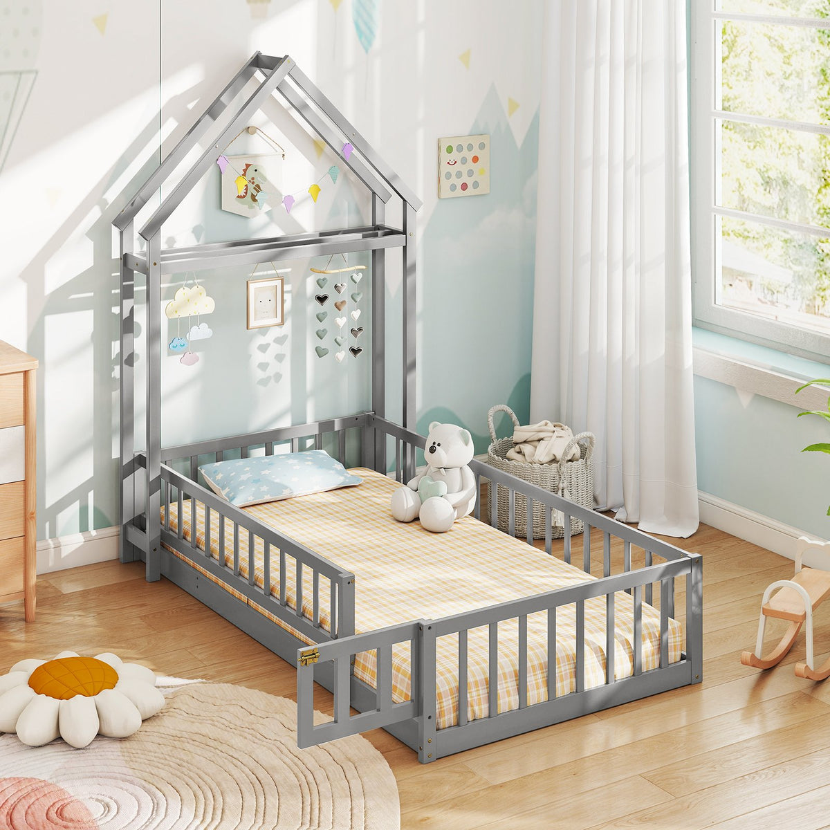 Twin Size House Floor Bed with House-shaped Headboard-Gray view 2