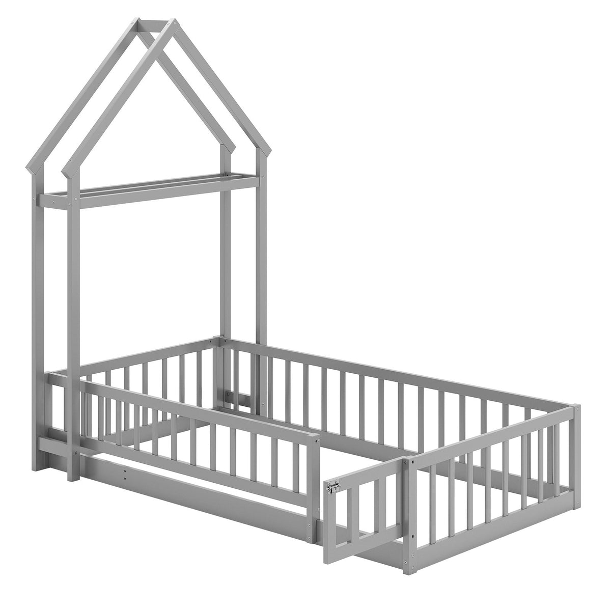 Twin Size House Floor Bed with House-shaped Headboard-Gray view 3
