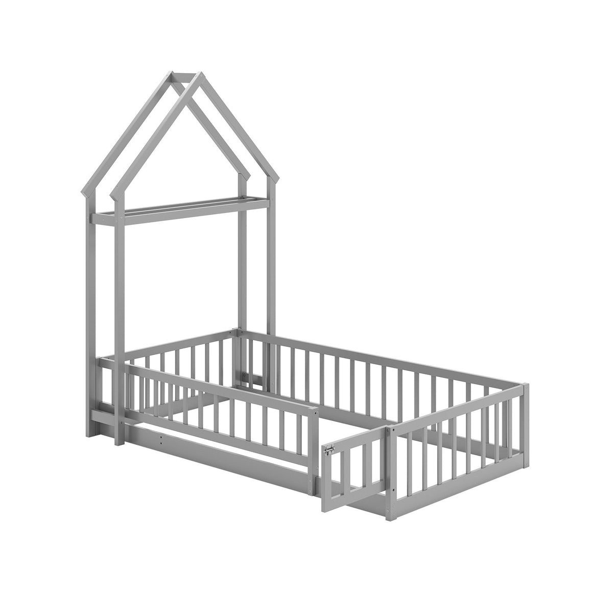 Twin Size House Floor Bed with House-shaped Headboard-Gray view 4