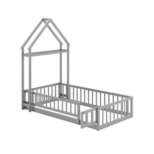 Twin Size House Floor Bed with House-shaped Headboard-Gray view 4
