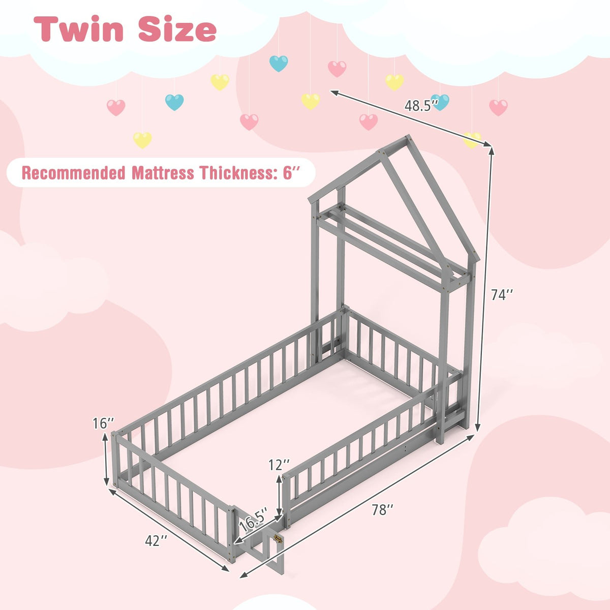 Twin Size House Floor Bed with House-shaped Headboard-Gray view 5