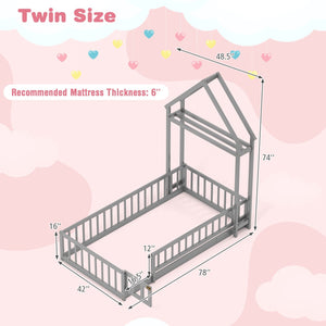 Twin Size House Floor Bed with House-shaped Headboard-Gray view 5