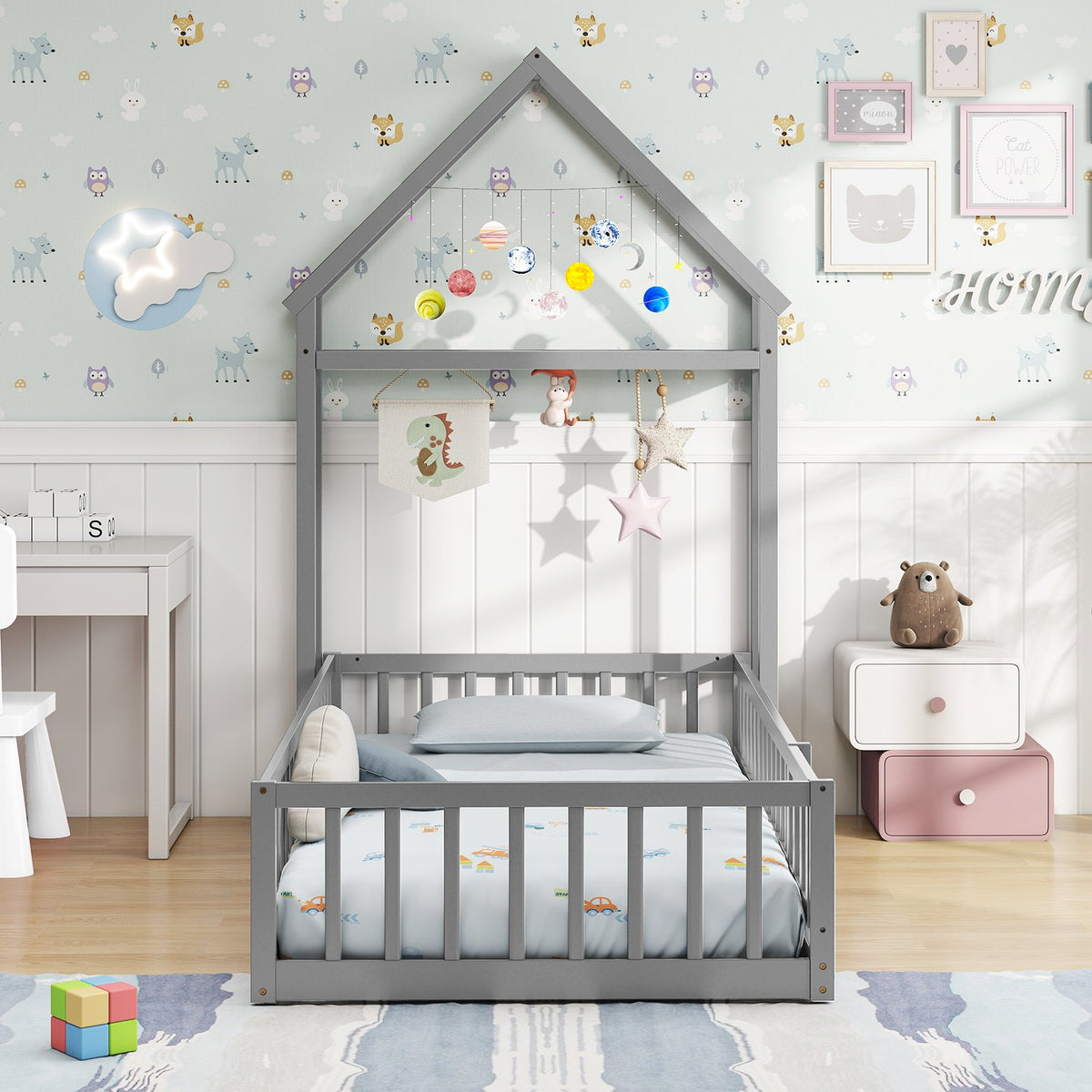 Twin Size House Floor Bed with House-shaped Headboard-Gray view 6