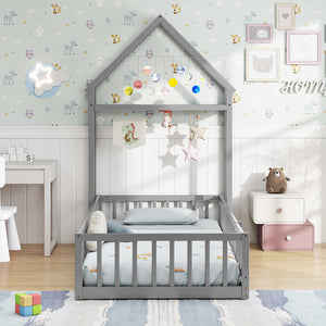 Twin Size House Floor Bed with House-shaped Headboard-Gray view 6