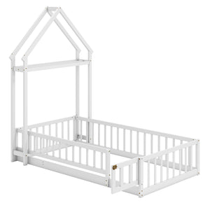 Twin Size House Floor Bed with House-shaped Headboard-White