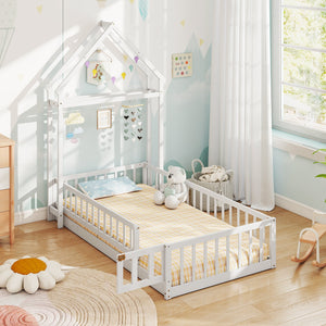 Twin Size House Floor Bed with House-shaped Headboard-White view 2