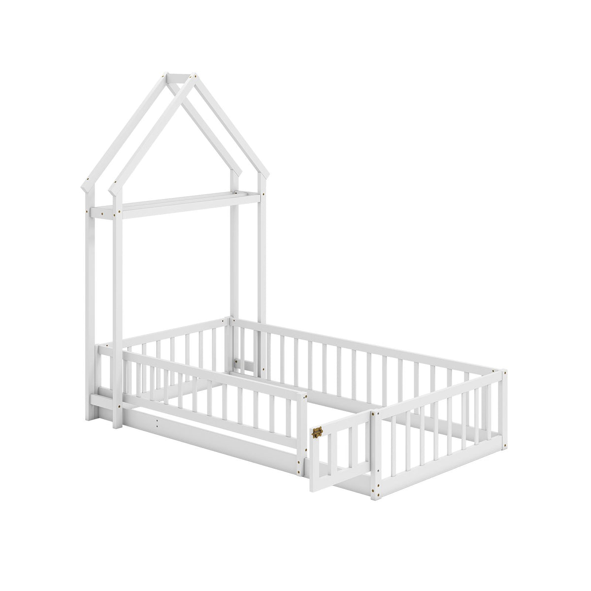 Twin Size House Floor Bed with House-shaped Headboard-White view 4