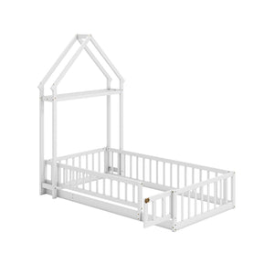 Twin Size House Floor Bed with House-shaped Headboard-White view 4