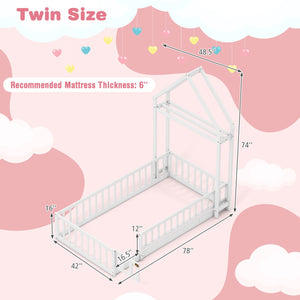 Twin Size House Floor Bed with House-shaped Headboard-White view 5