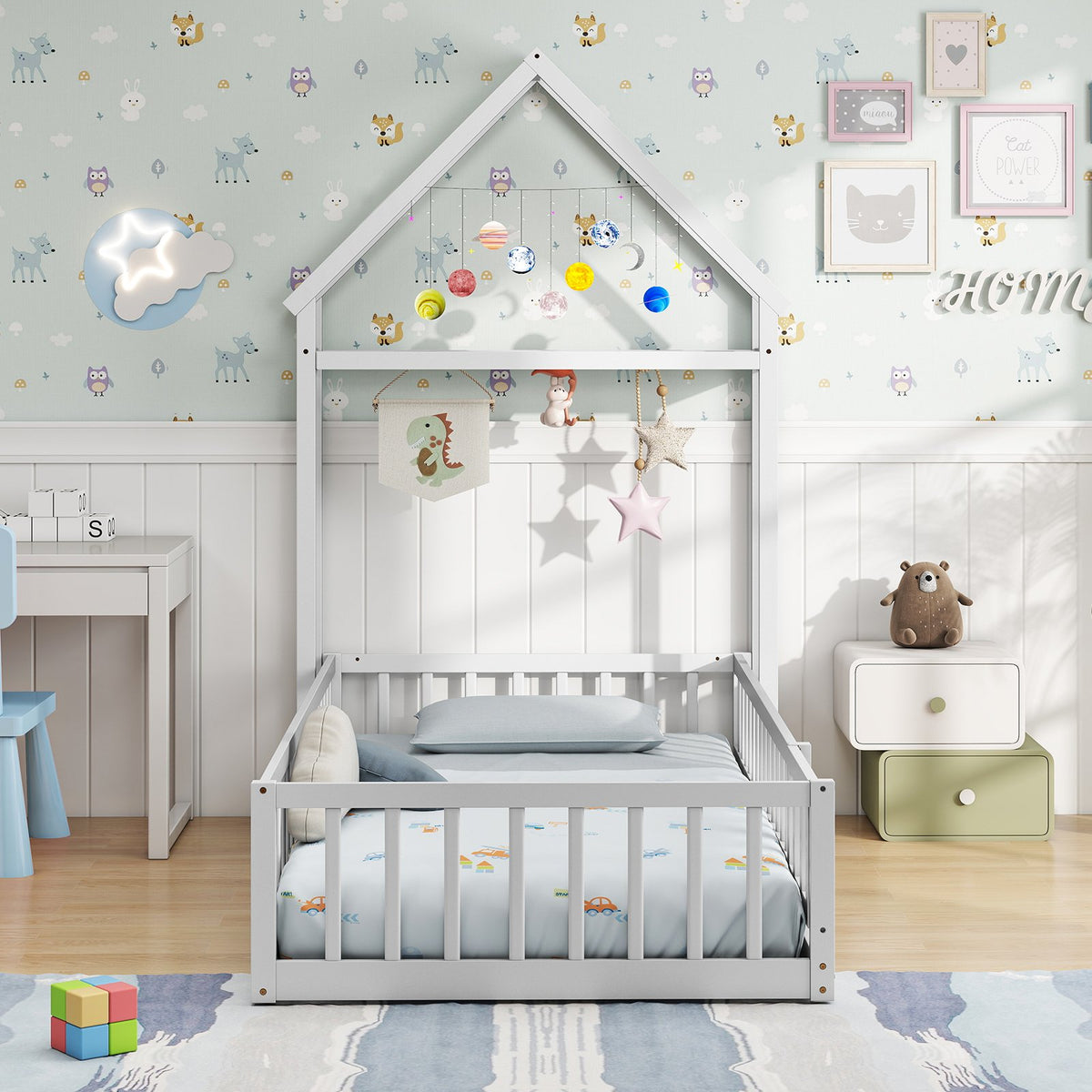 Twin Size House Floor Bed with House-shaped Headboard-White view 6