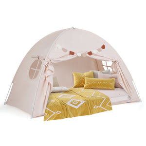 Twin Size Indoor Canopy Tent for Kids with 2 Window and Suits 3+-Beige