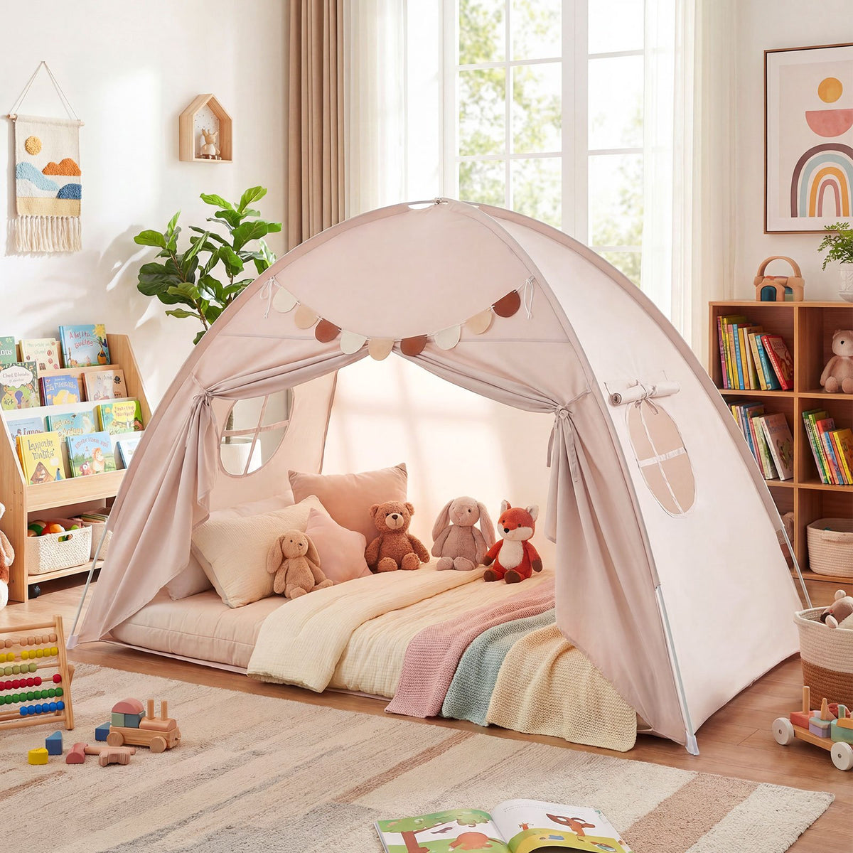 Twin Size Indoor Canopy Tent for Kids with 2 Window and Suits 3+-Beige view 2