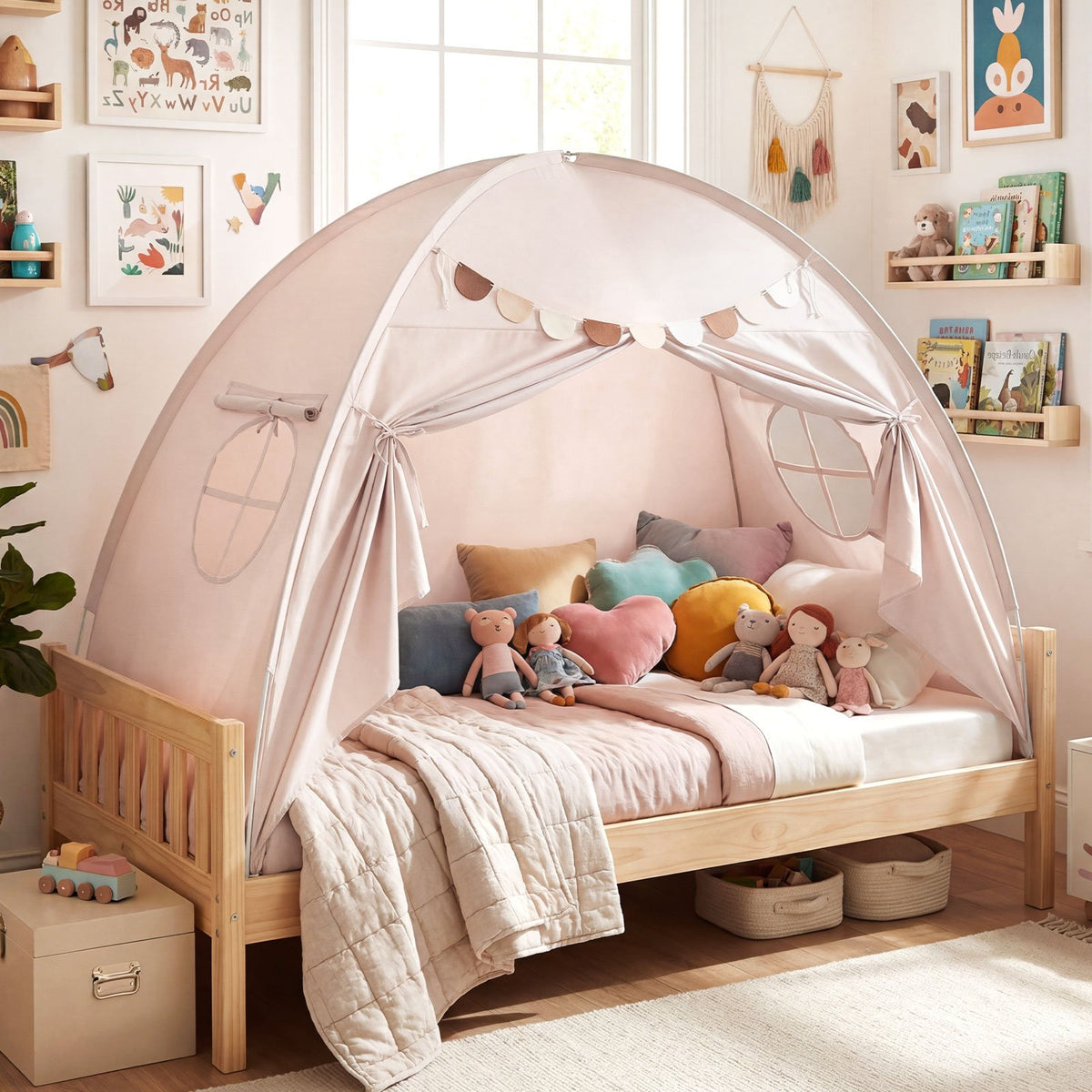 Twin Size Indoor Canopy Tent for Kids with 2 Window and Suits 3+-Beige view 3