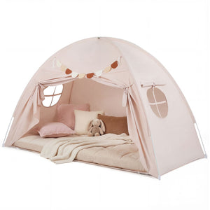 Twin Size Indoor Canopy Tent for Kids with 2 Window and Suits 3+-Beige view 4