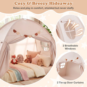 Twin Size Indoor Canopy Tent for Kids with 2 Window and Suits 3+-Beige view 9