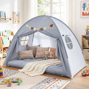 Twin Size Indoor Canopy Tent for Kids with 2 Window and Suits 3+-Grey view 2