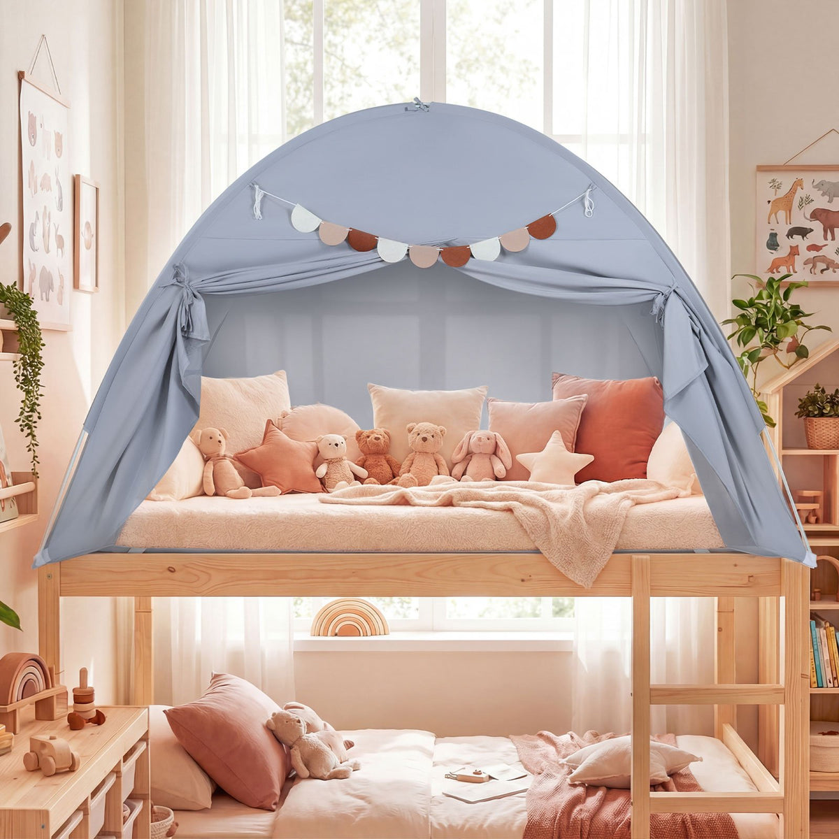 Twin Size Indoor Canopy Tent for Kids with 2 Window and Suits 3+-Grey view 3