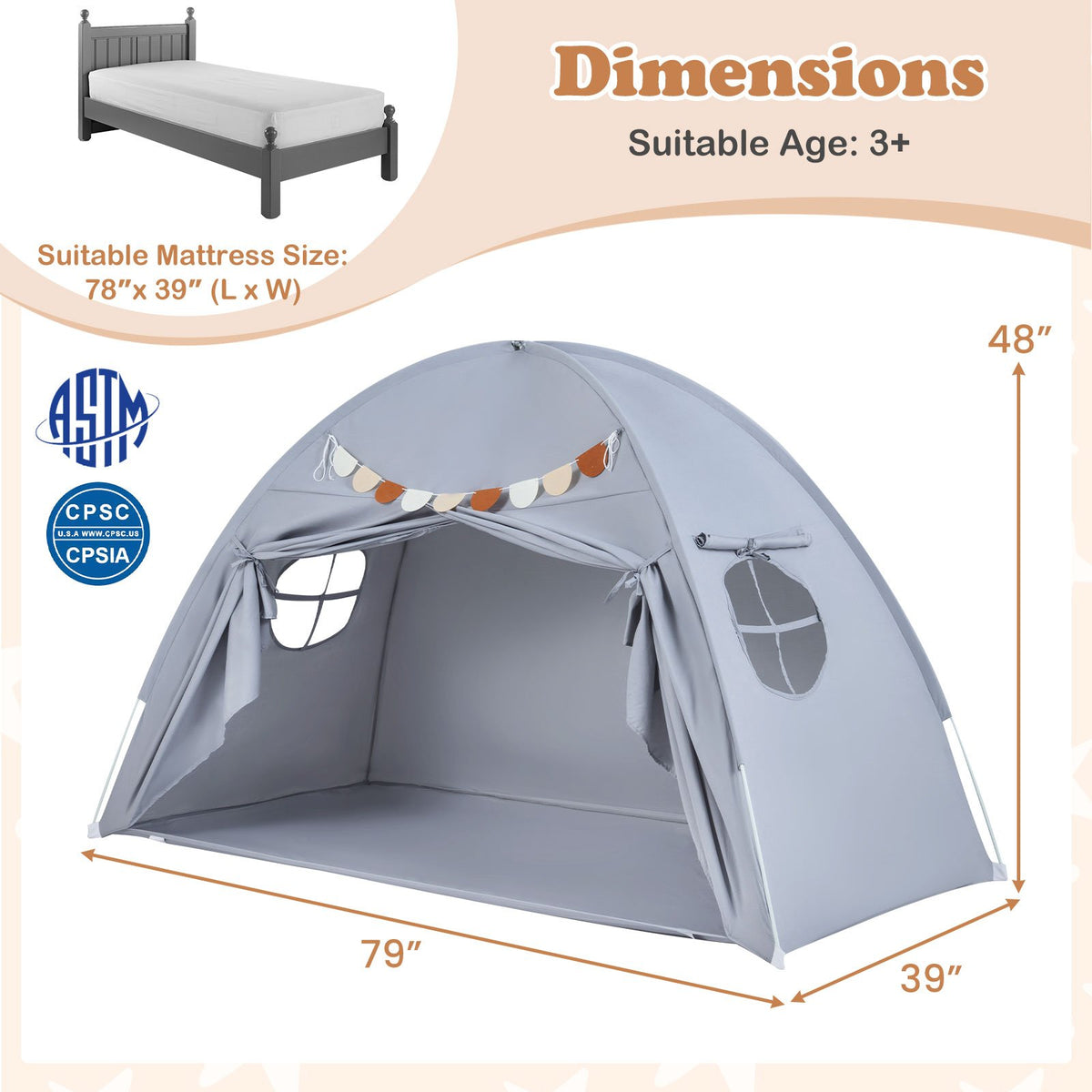 Twin Size Indoor Canopy Tent for Kids with 2 Window and Suits 3+-Grey view 4