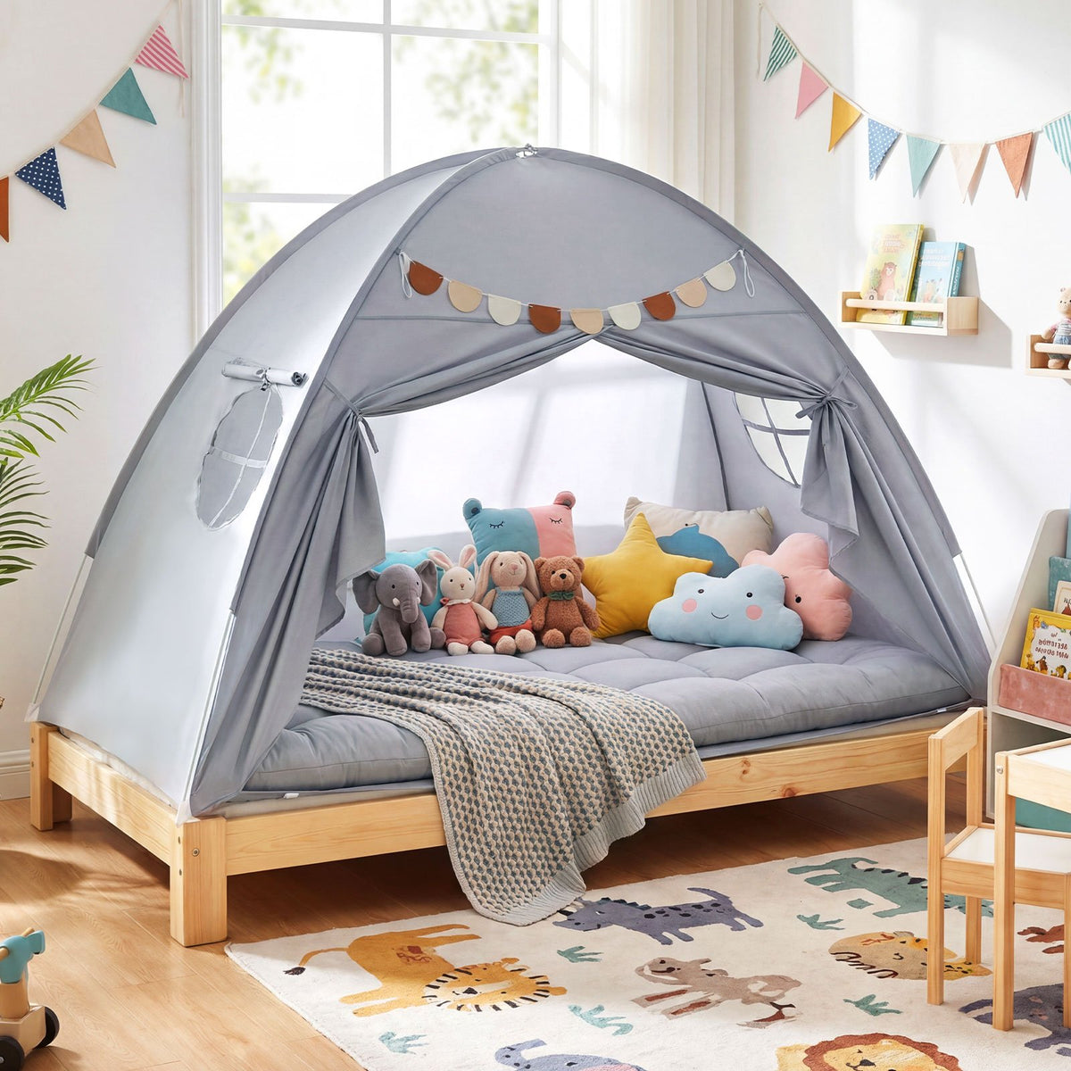 Twin Size Indoor Canopy Tent for Kids with 2 Window and Suits 3+-Grey view 5