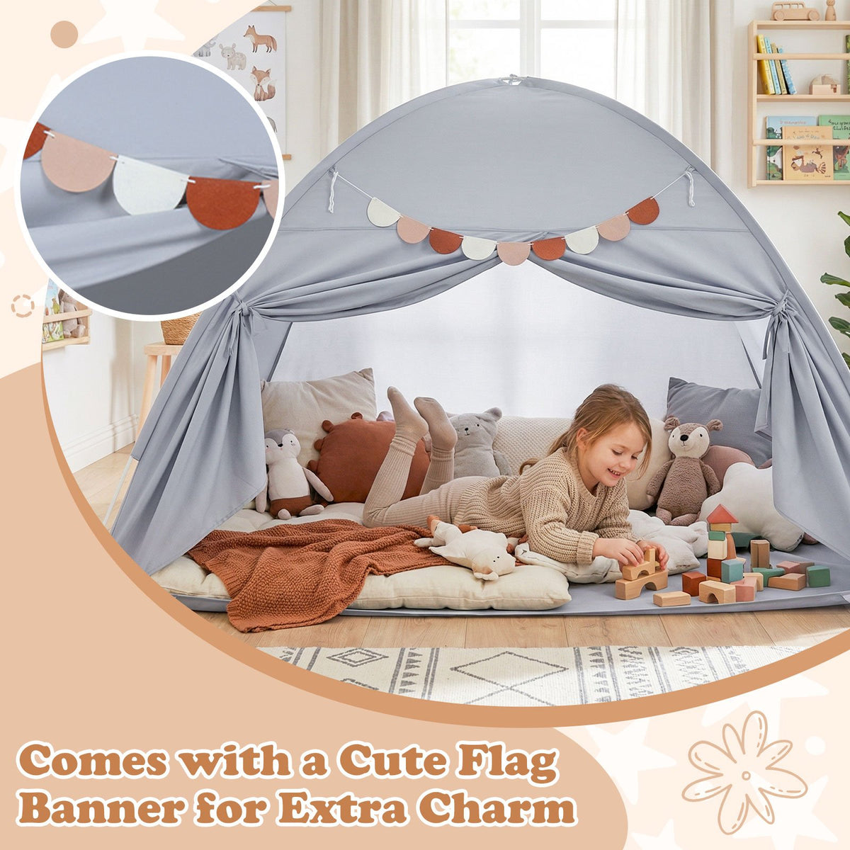 Twin Size Indoor Canopy Tent for Kids with 2 Window and Suits 3+-Grey view 6