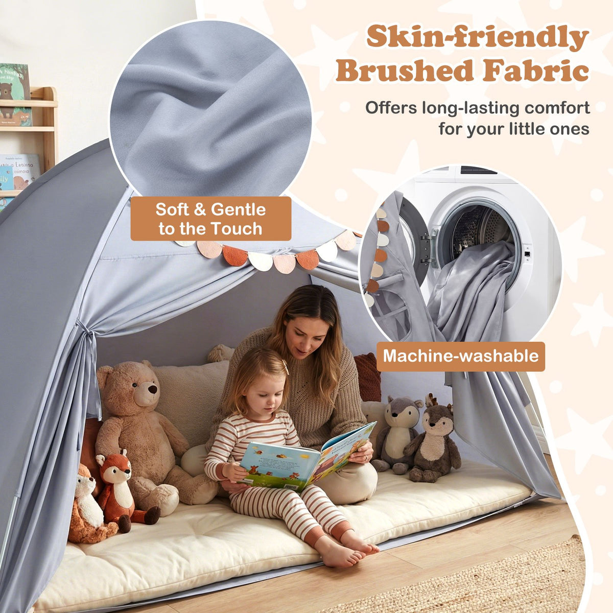 Twin Size Indoor Canopy Tent for Kids with 2 Window and Suits 3+-Grey view 7