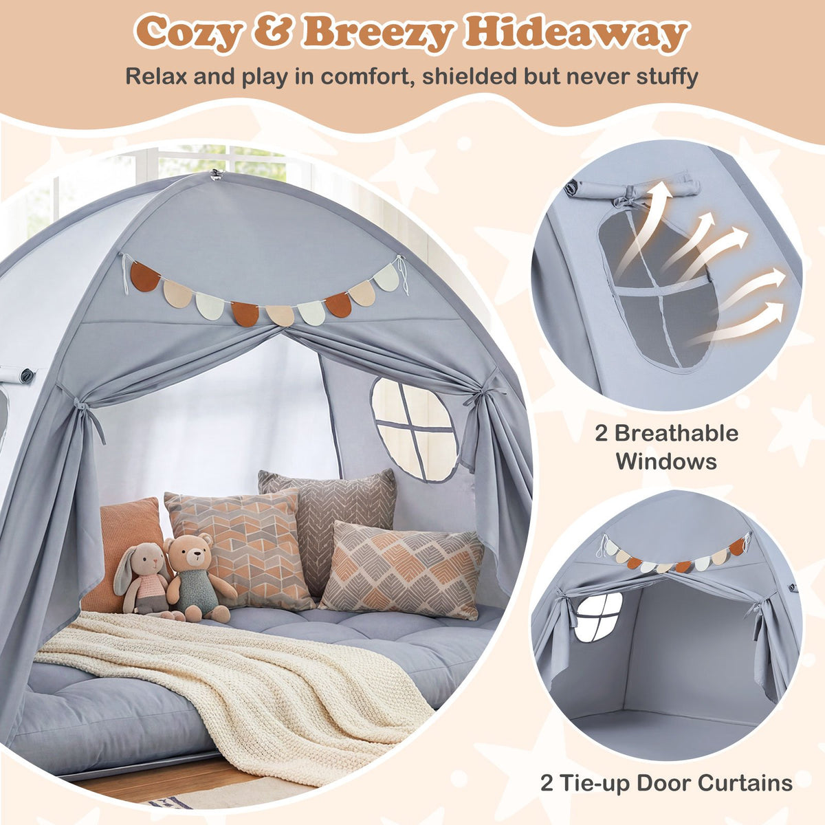 Twin Size Indoor Canopy Tent for Kids with 2 Window and Suits 3+-Grey view 9