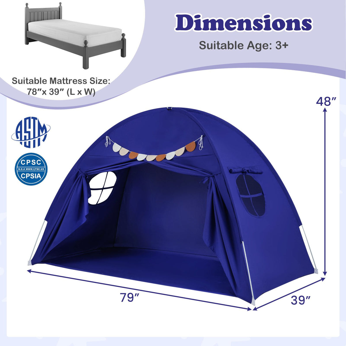 Twin Size Indoor Canopy Tent for Kids with 2 Window and Suits 3+-Navy view 4