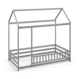 Twin Size Kids House Bed Wooden Floor Bed with Roof and Full-length Safety Guardrail-Gray