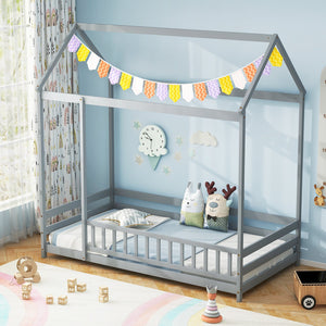 Twin Size Kids House Bed Wooden Floor Bed with Roof and Full-length Safety Guardrail-Gray view 2