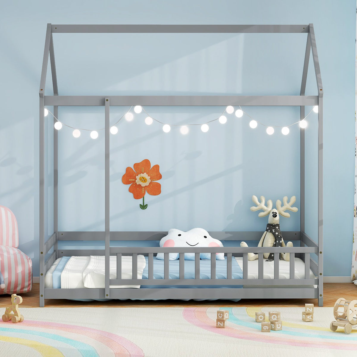 Twin Size Kids House Bed Wooden Floor Bed with Roof and Full-length Safety Guardrail-Gray view 3
