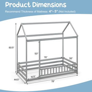 Twin Size Kids House Bed Wooden Floor Bed with Roof and Full-length Safety Guardrail-Gray view 4