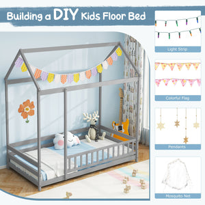 Twin Size Kids House Bed Wooden Floor Bed with Roof and Full-length Safety Guardrail-Gray view 5