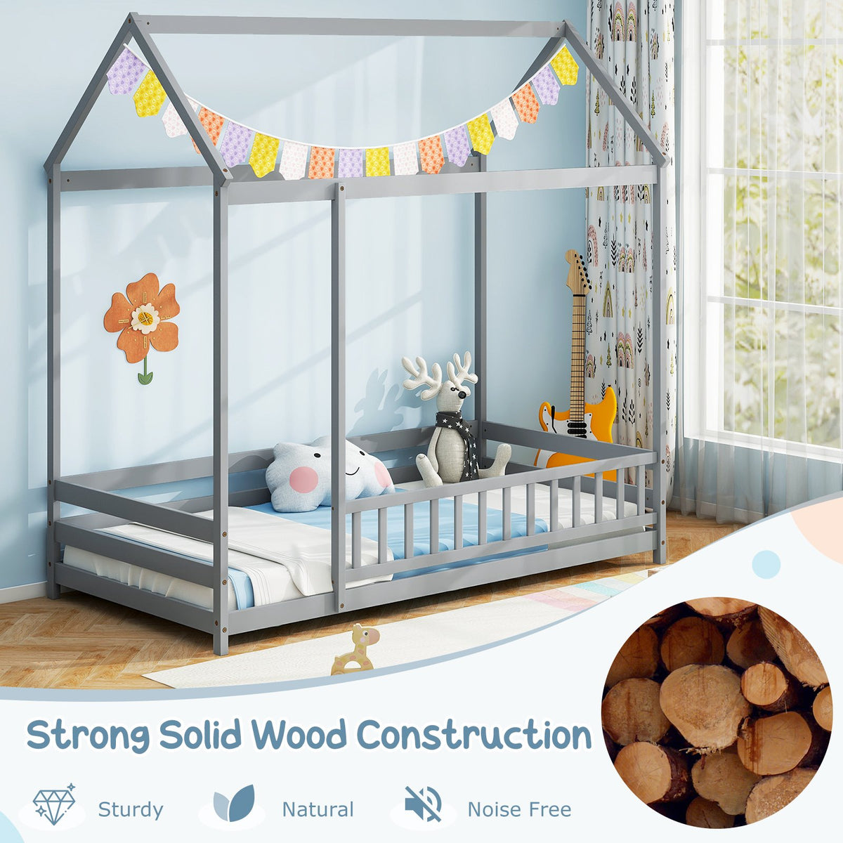 Twin Size Kids House Bed Wooden Floor Bed with Roof and Full-length Safety Guardrail-Gray view 6