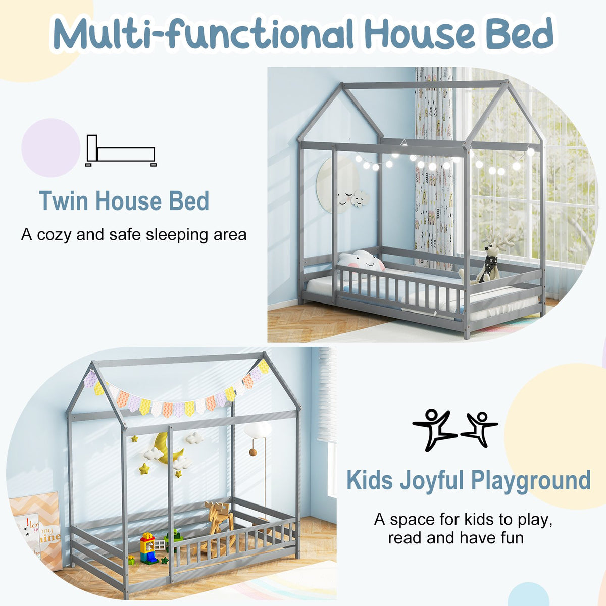 Twin Size Kids House Bed Wooden Floor Bed with Roof and Full-length Safety Guardrail-Gray view 7